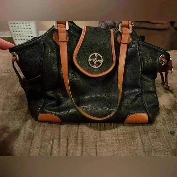 Stauer Black/Brown Shoulder Bag w/ lots of compartments Gold tone logo hardware - Picture 1 of 12